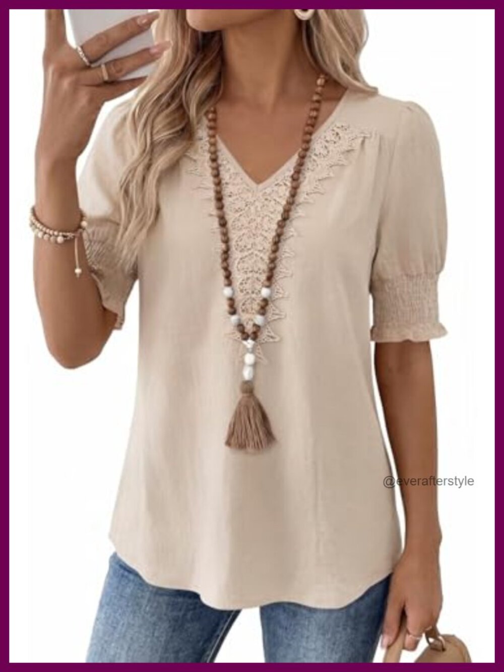 Womens Boho Lace V Neck Puff Sleeve Tunic Top Peasant Blouse